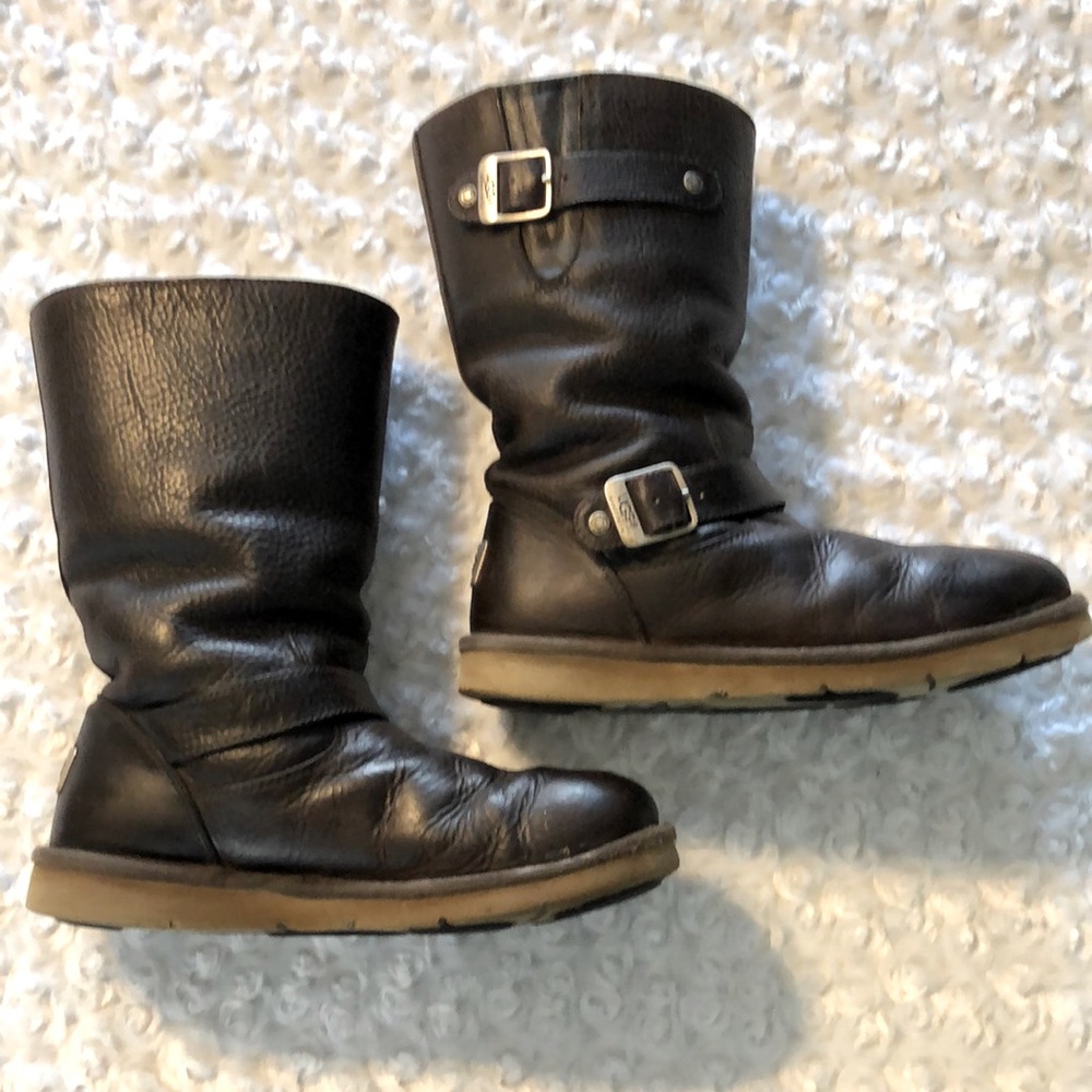 UGG Australia Women’s KENSINGTON Double Buckle Boots Brown Leather Size 7